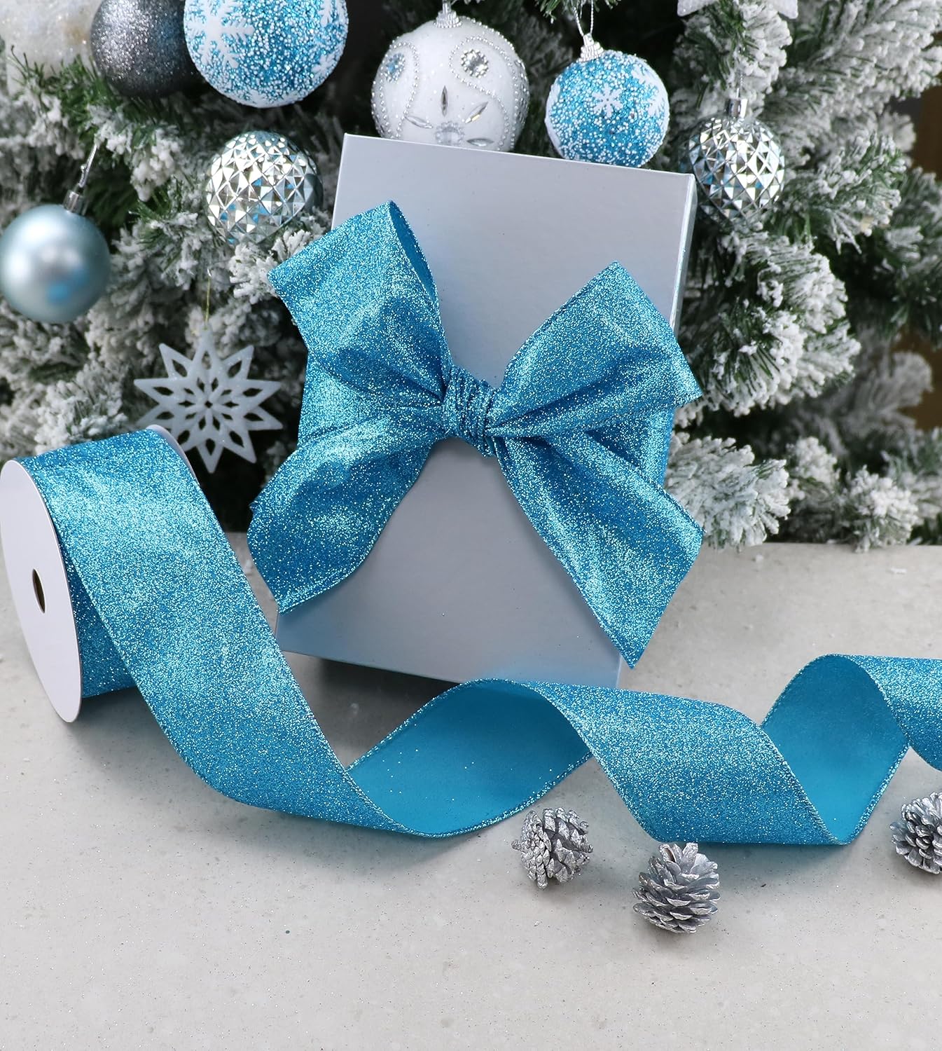Cinta azul con alambre de 2.5 pulgadas con purpurina con alambre de 2.5 pulgadas, decoración de Navidad azul turquesa para envolver regalos,