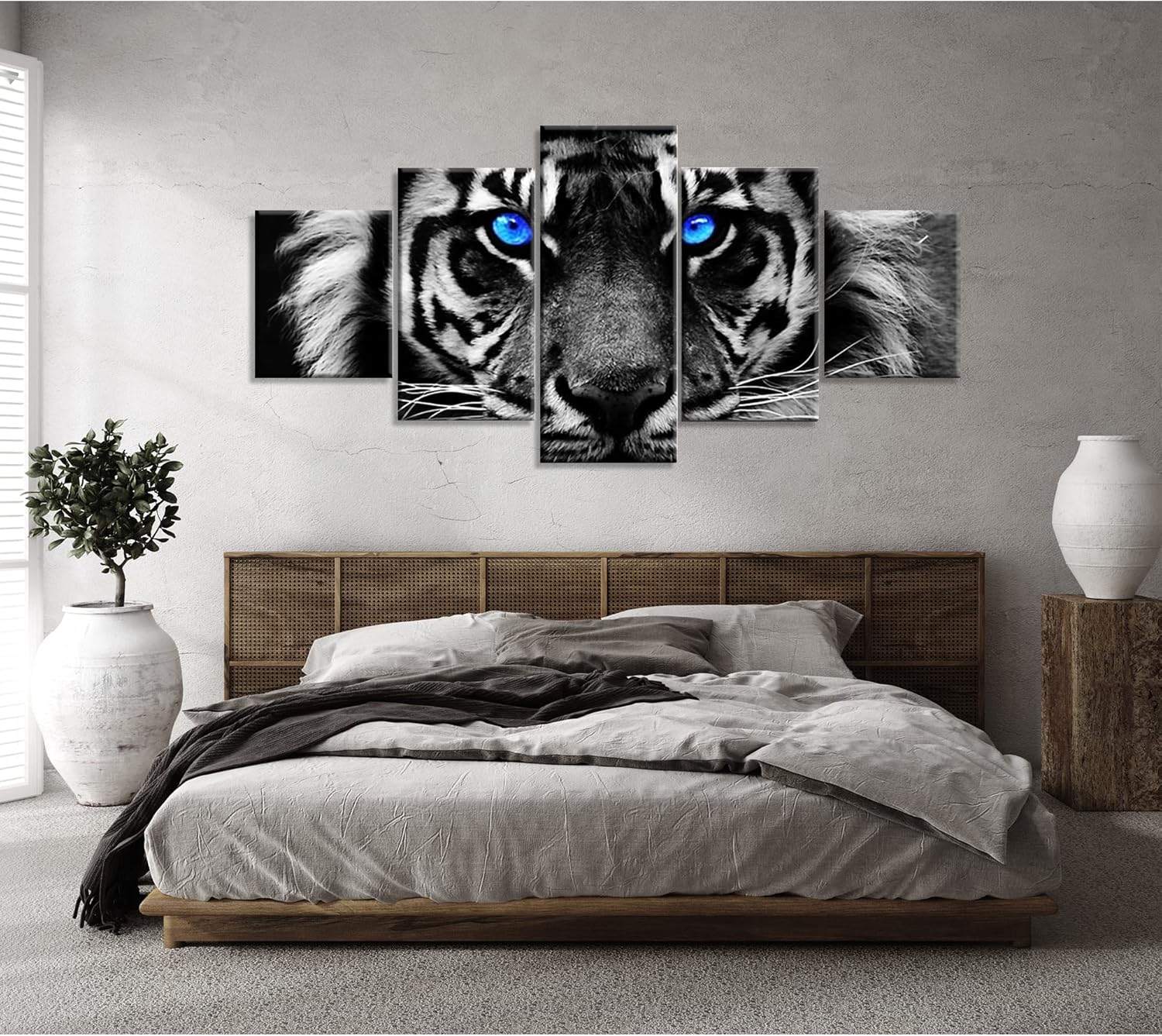 Lienzo decorativo para pared, diseño de tigre de ojos azules, decoración de pared de tigre de ojos azules, imagen de tigre azul, blanco y negro,