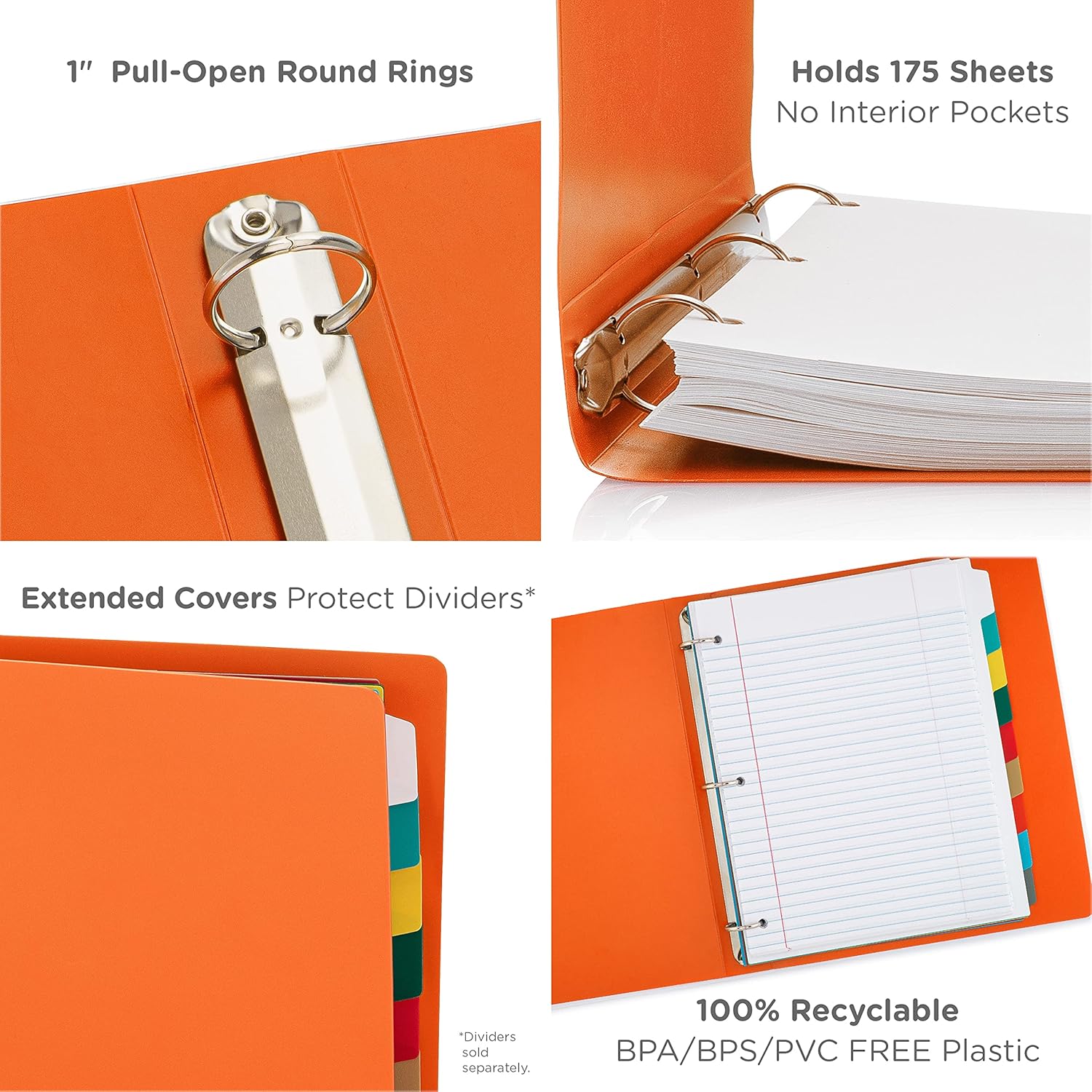 Carpeta económica de 3 anillos redondos de 1 pulgada, con capacidad para 175 hojas, flexible, ligera, paquete de 4, apertura lateral, color naranja