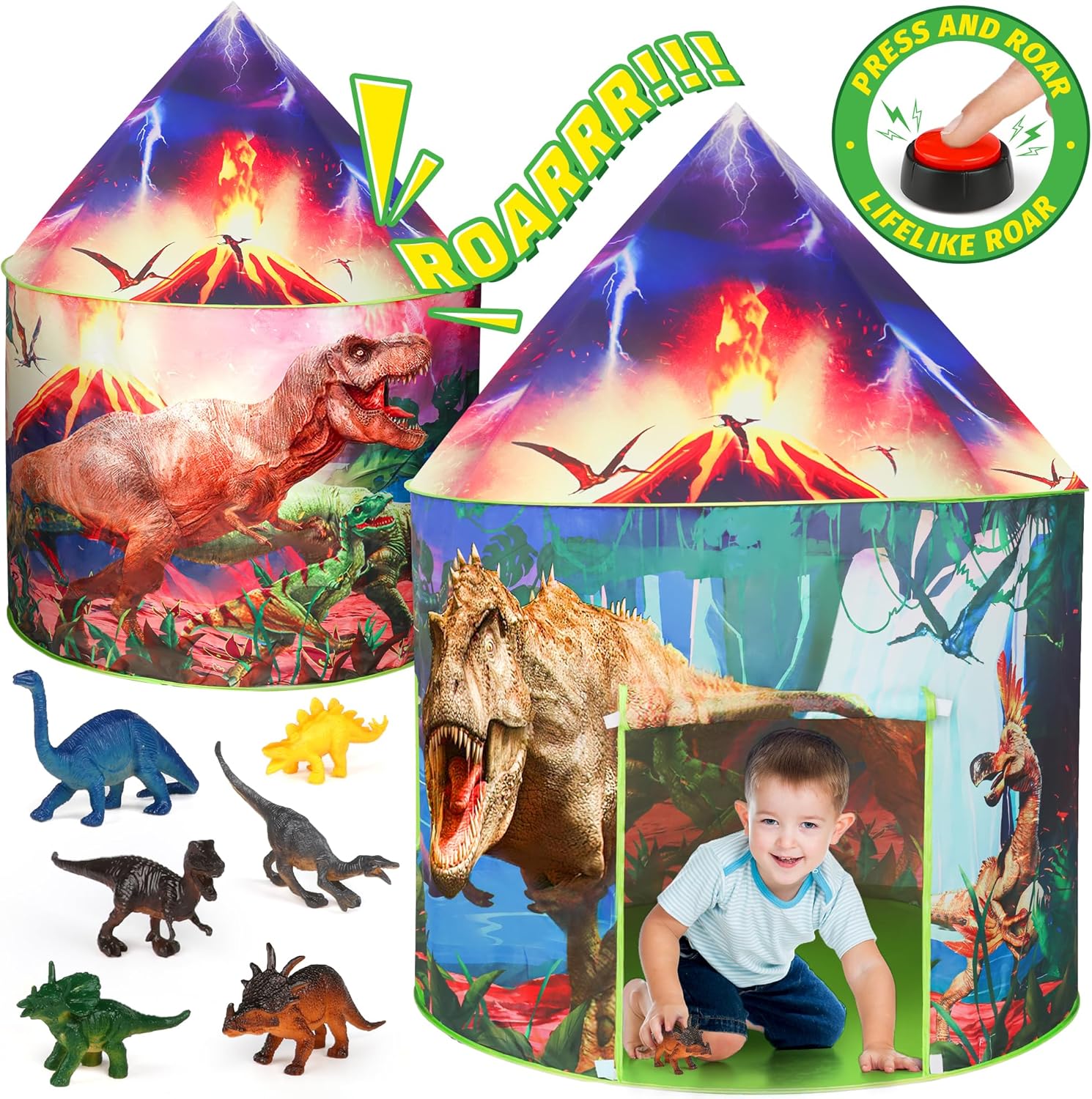 HopeRock Tienda de campaña de dinosaurio para niños con botón de rugido, tienda de campaña para niños con juguetes de dinosaurio para niños y niñas,