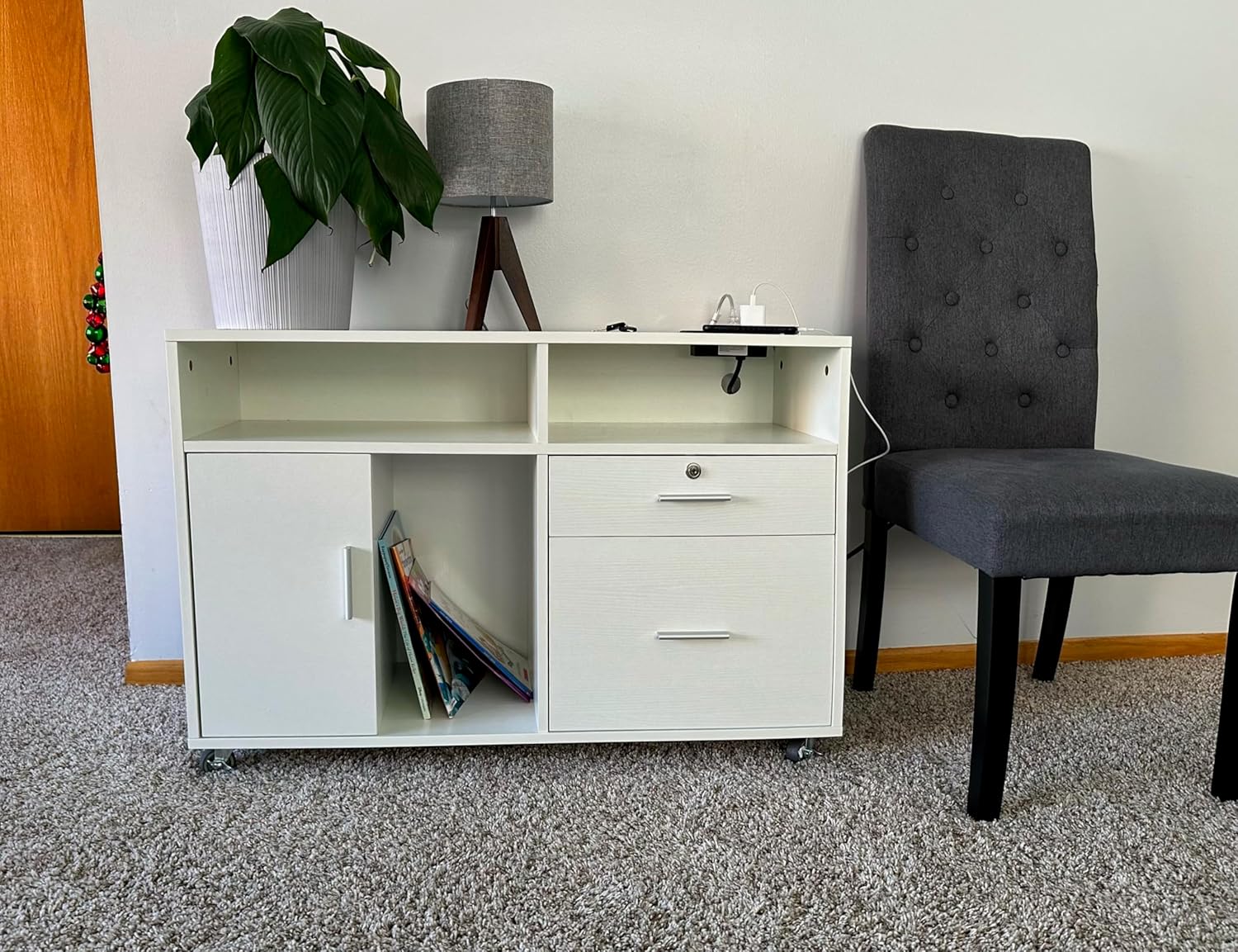 YITAHOME Archivador lateral de madera, gabinete de almacenamiento móvil de 2 cajones, se adapta a A4, soporte para impresora de letras y documentos