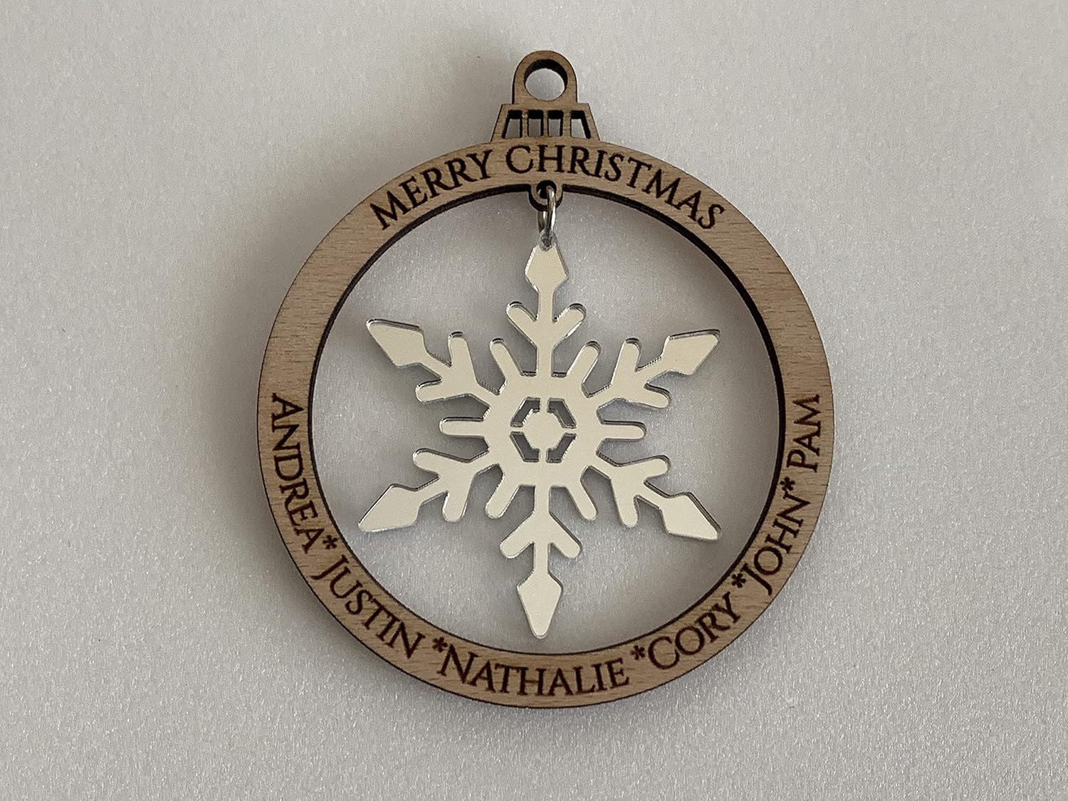 Personalized Christmas 2024 Tree Ornament, Custom Engraved Names, Family Members, Laser Cut Wood Bauble, Hanging Acrylic Snowflakes, Xmas Decor,