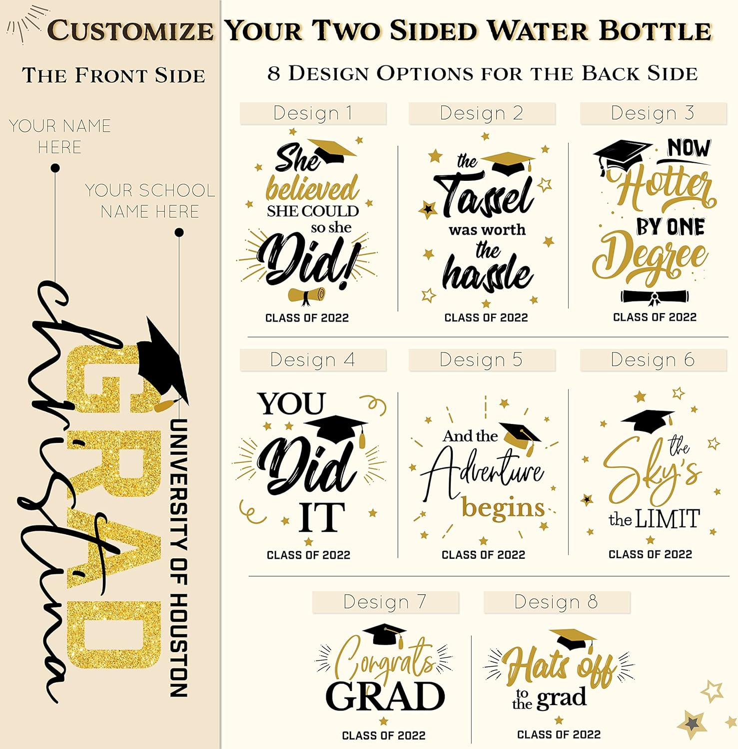 Regalos de graduación para ella, botella de agua de graduación personalizada con tapa con popote, 20 onzas, 8 diseños, regalos de graduación para