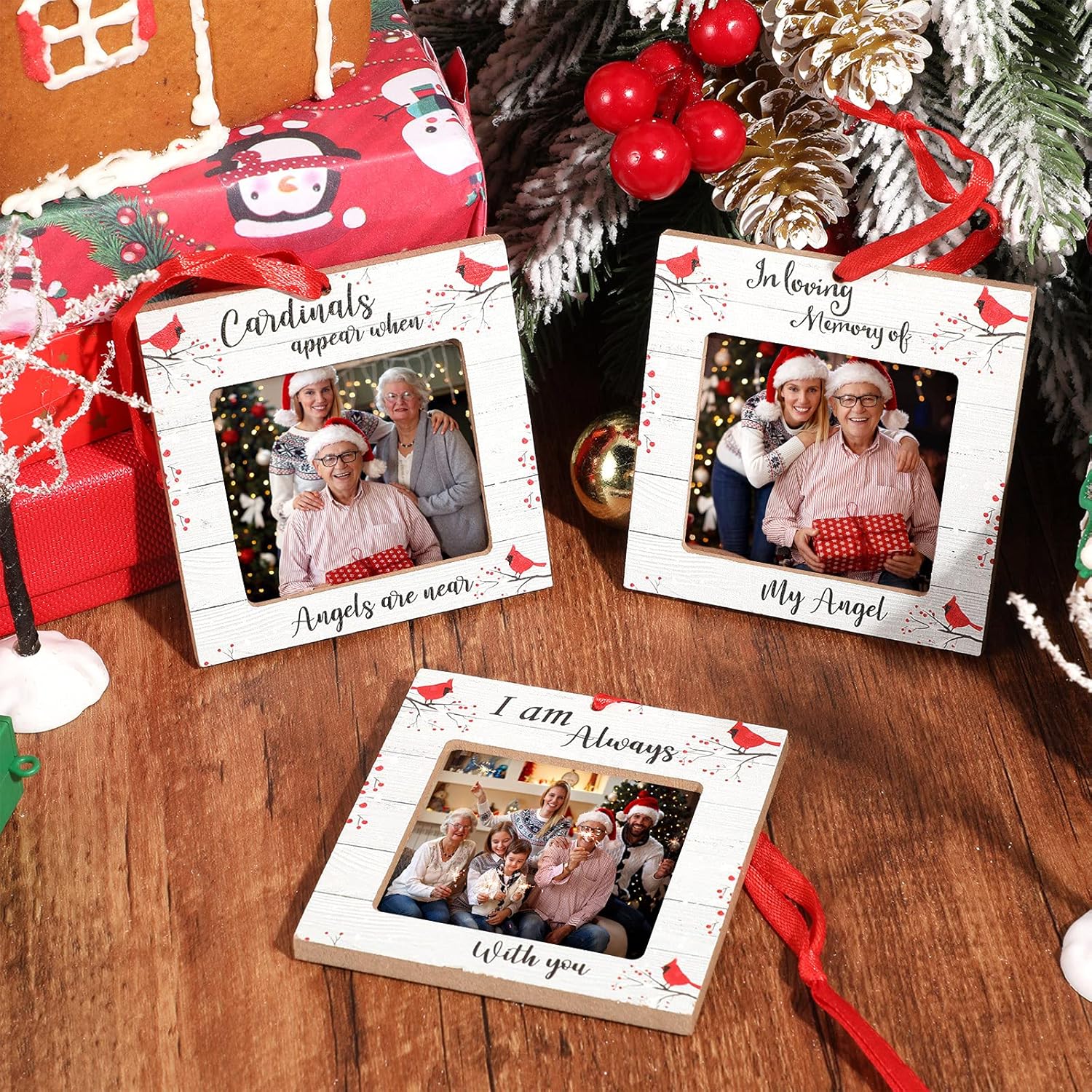 Adornos de Navidad de cardenal rojo, marco de fotos de madera, adornos conmemorativos para árbol de Navidad, adornos para árbol de Navidad cuando el