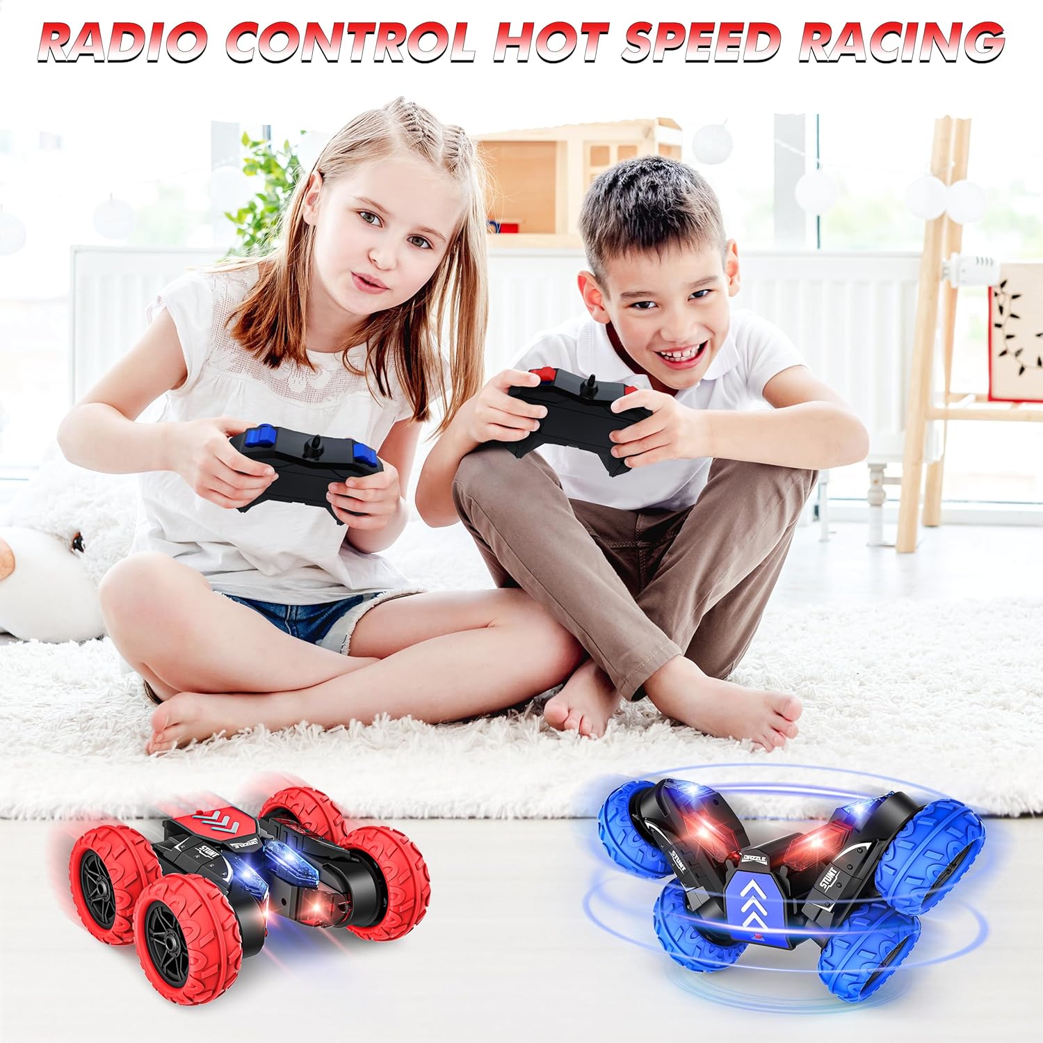 Coche de control remoto, autos de acrobacias de juguete de acrobacias, 4WD 2.4Ghz de doble cara giratoria de 360 con luces LED, juguete de auto RC
