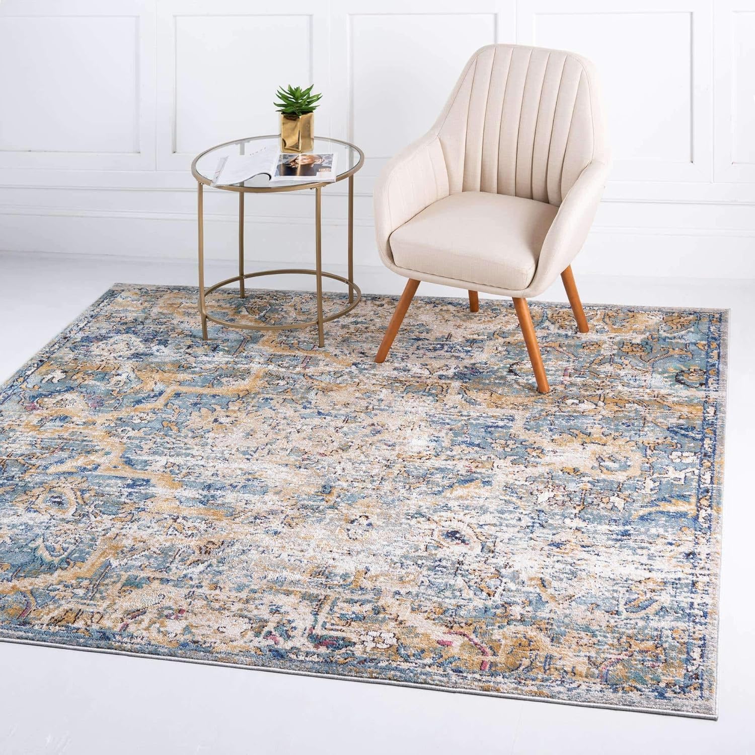 Unique Loom Augustus Collection Area Rug-Assisi, 7′ 0″ x 7′ 0″, Light BlueTan
