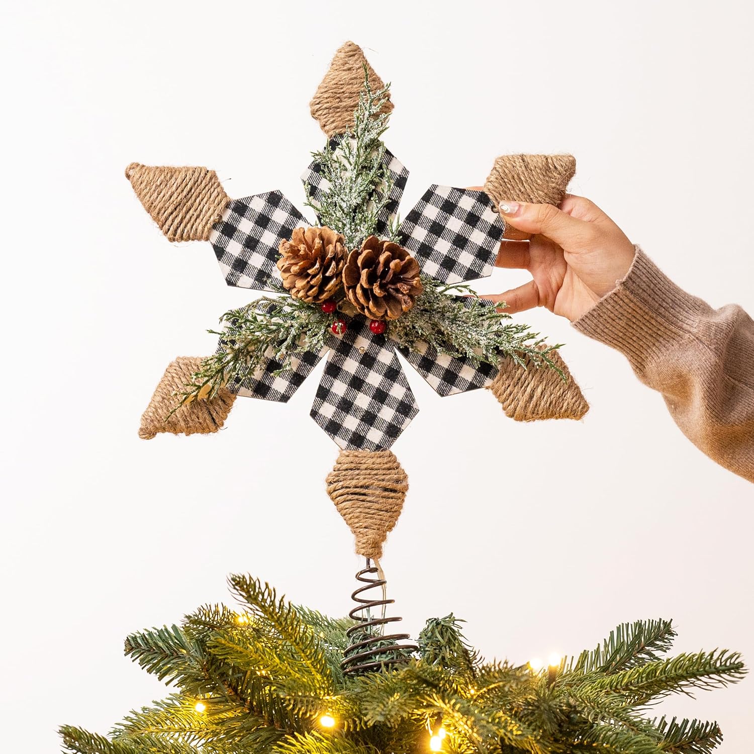 Valery Madelyn Decoración para árbol de Navidad preiluminada de 16.1 pulgadas, color blanco y negro, parte superior para árbol de Navidad rústico