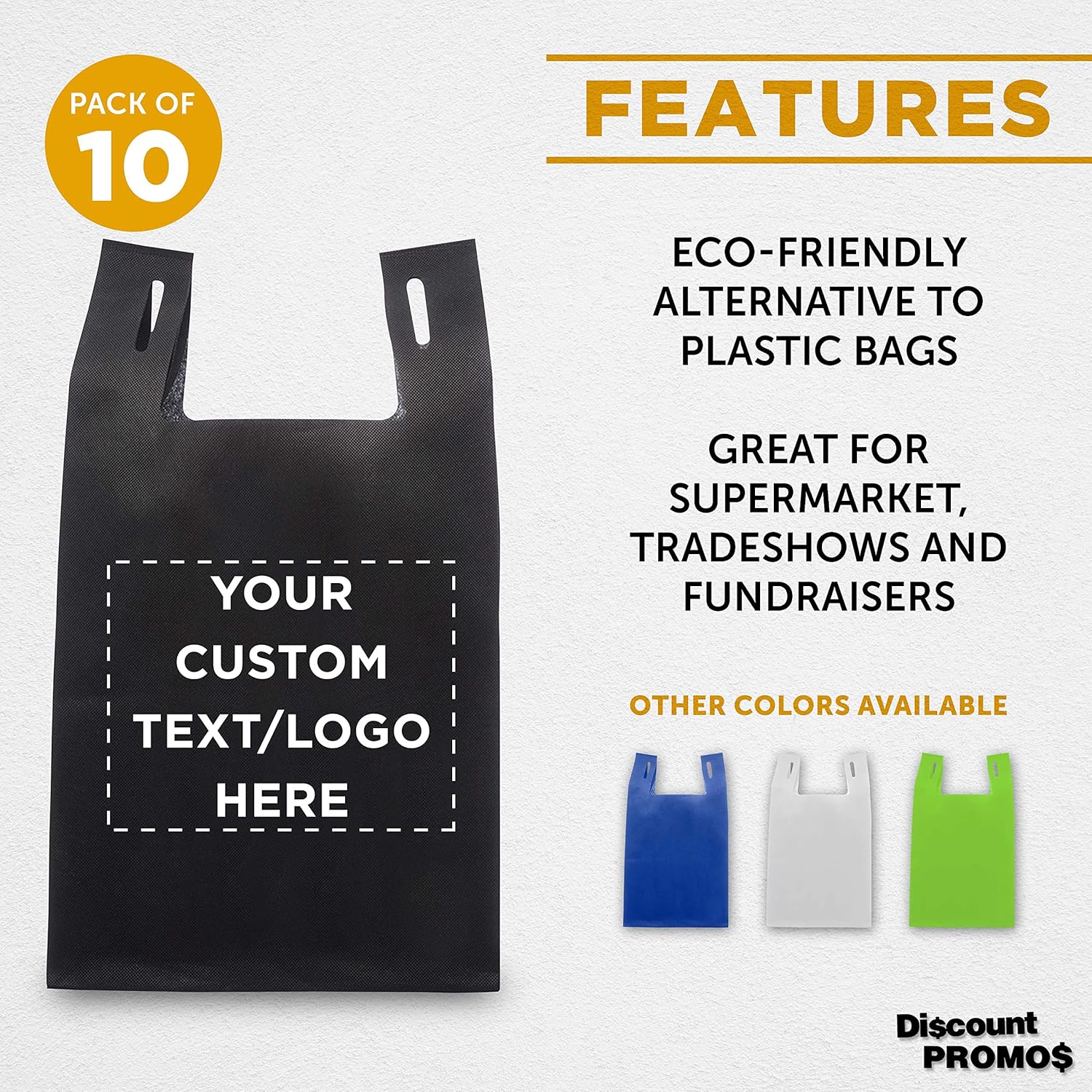 DISCOUNT PROMOS Bodega – Juego de 10 bolsas de mano ligeras personalizadas, reutilizables, ideales para comestibles, ferias comerciales, recuerdos