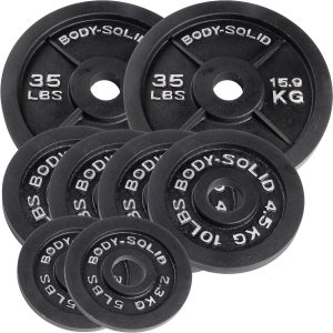 Body-Solid Cast Iron Olympic Weight Plate Set with Bar – Free Weights, Dumbbell Plates, 2 Inch Standard Hole for All Barbell Types, Weight Sets, Body-Solid Cast Iron Olympic Weight Plate Set with Bar – Free Weights, Dumbbell Plates, 2 Inch Standard Hole for All Barbell Types, Weight Sets,