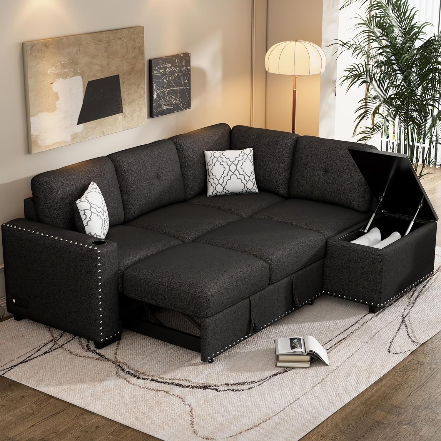 Sofá cama modular reversible de 83.8 pulgadas con diván de almacenamiento, sofá esquinero en forma de L con puertos USB y enchufes de corriente,