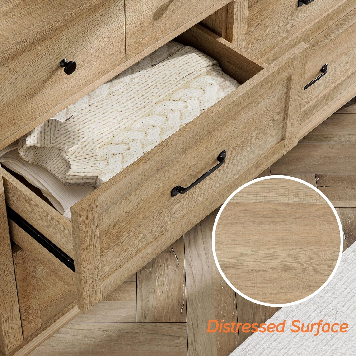 WAMPAT Cómoda para dormitorio con 6 cajones, cómoda de roble para bebé con cómoda ancha, organizador moderno de almacenamiento de armario para