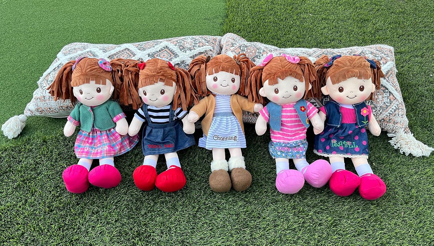 Muñecas de acurrucarse personalizadas, muñeca de trapo suave morena personalizada, vestido de chaqueta azul, 16 pulgadas, muñecas de trapo