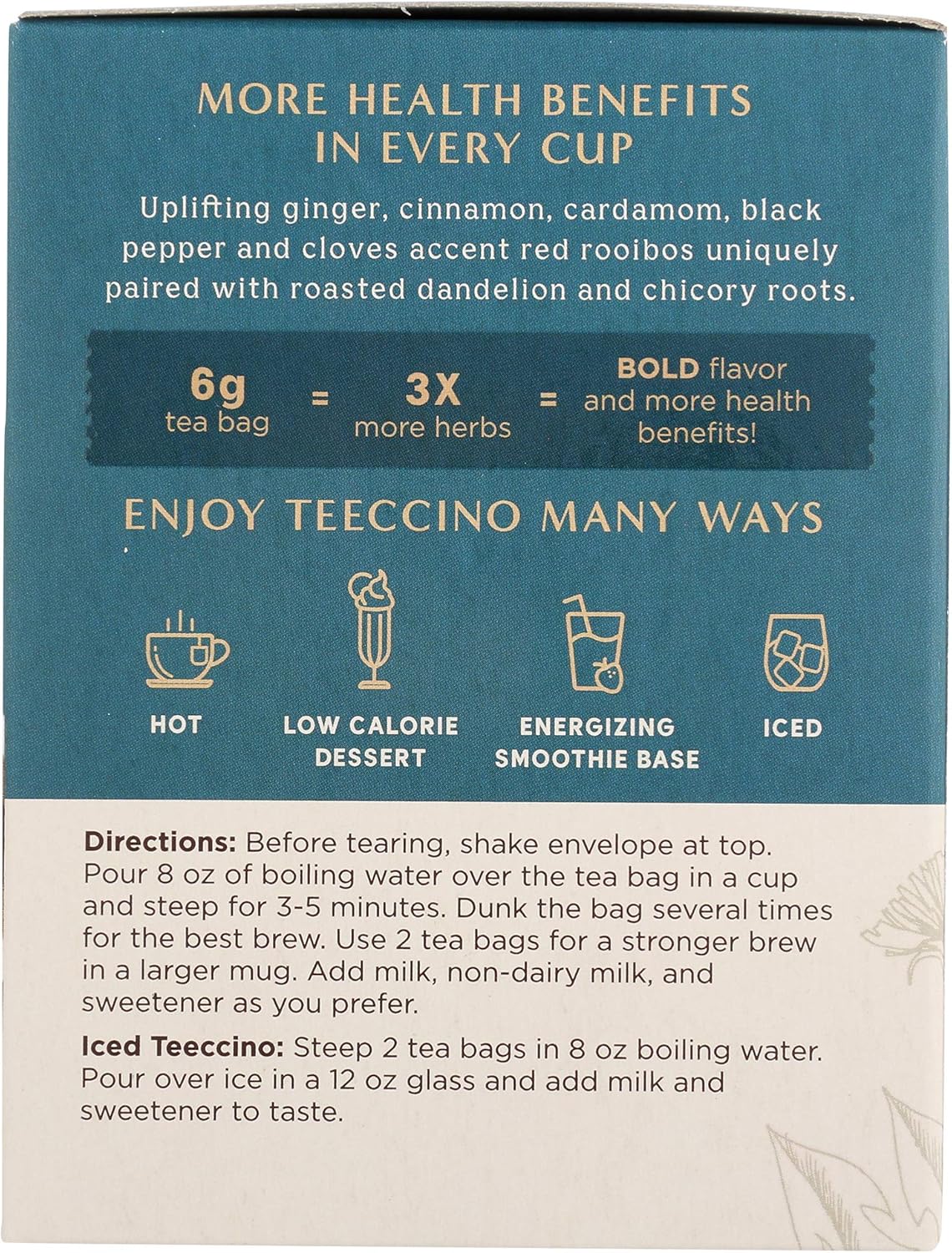 Teeccino Té Chai rojo de diente de león, sin cafeína, té de hierbas tostadas con prebióticos, 3 veces más hierbas que las bolsas de té normales, sin