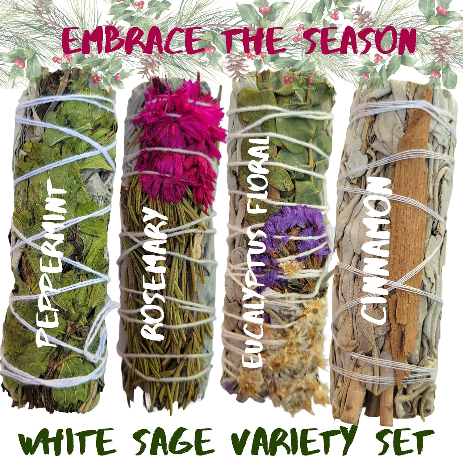 Paquete variado de salvia de temporada, edición limitada, juego de muestras de manchas de salvia blanca, canela, menta, eucalipto floral, juego de