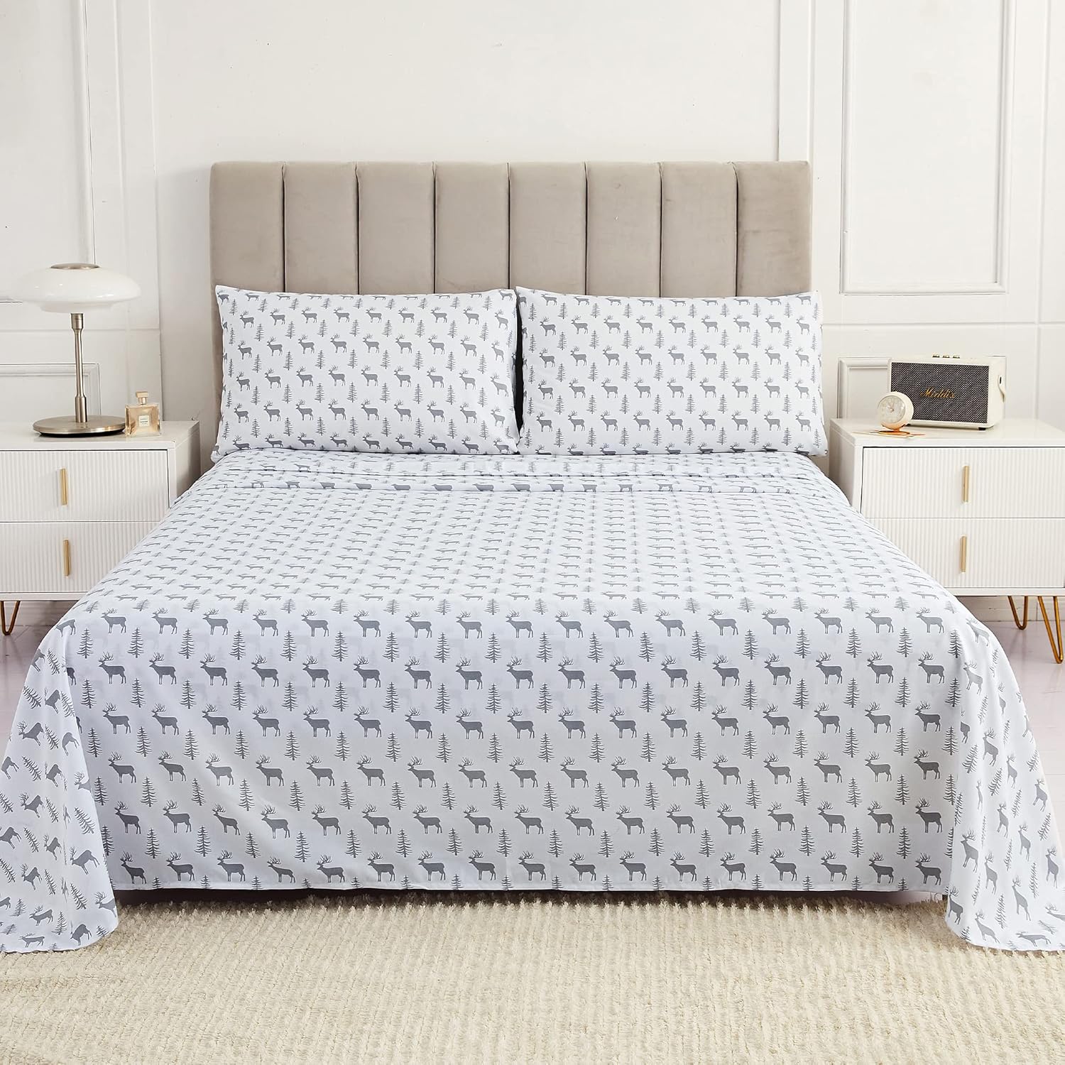 Mooreeke Sábanas navideñas de bolsillo profundo para cama Queen  Sábanas suaves de Navidad Queen  4 piezas de sábanas de microfibra cepillada Queen