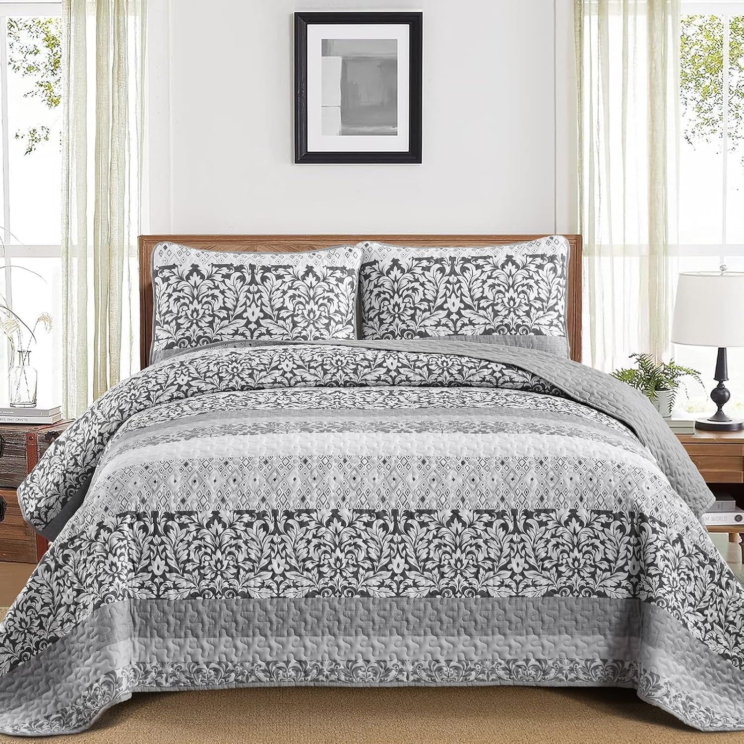 Juego de edredón bohemio gris tamaño Queen, juego de colcha de retazos a rayas gris oscuro de 3 piezas, juego de ropa de cama de microfibra suave