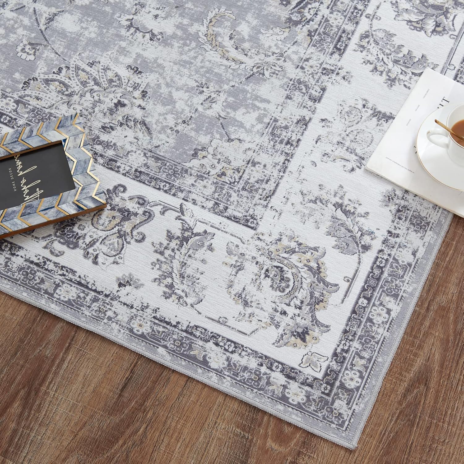 COLLACT Alfombra de área gris de 3 x 5 pulgadas, alfombra vintage para cocina, pasillo, estampado floral, alfombra fina para interiores, alfombra