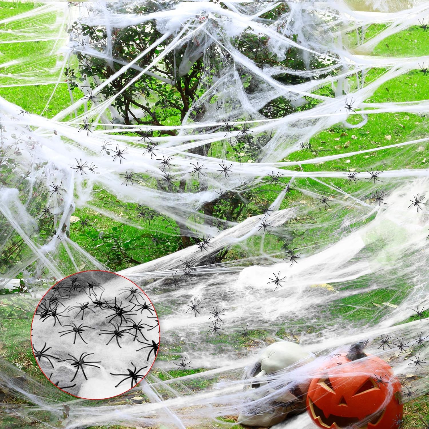 Decoraciones de telaraña de Halloween de 1000 pies cuadrados con 100 arañas falsas, telarañas súper elásticas, decoración de telarañas embrujadas,