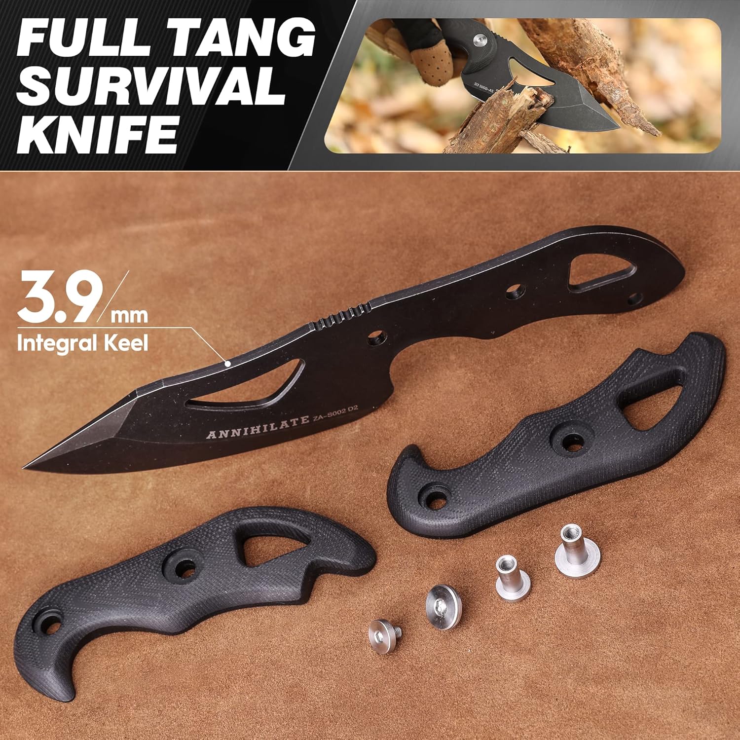 ZUNE LOTOO Cuchillo táctico de hoja fija para hombres de grado militar, 8.27 pulgadas, cuchillo de caza táctico de supervivencia recto de acero D2