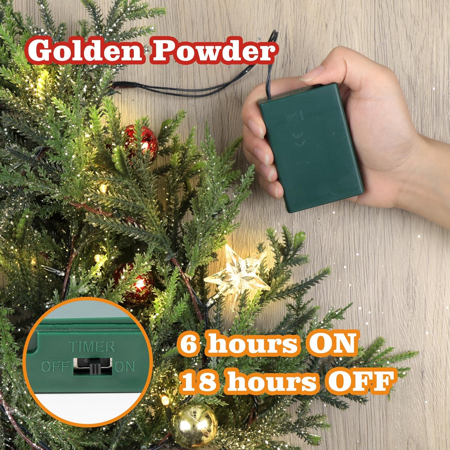 Guirnalda de Navidad artificial de 6 pies, guirnalda de abeto sintético de hoja perenne con 20 luces LED, adornos de bolas de oro rojo y estrellas,