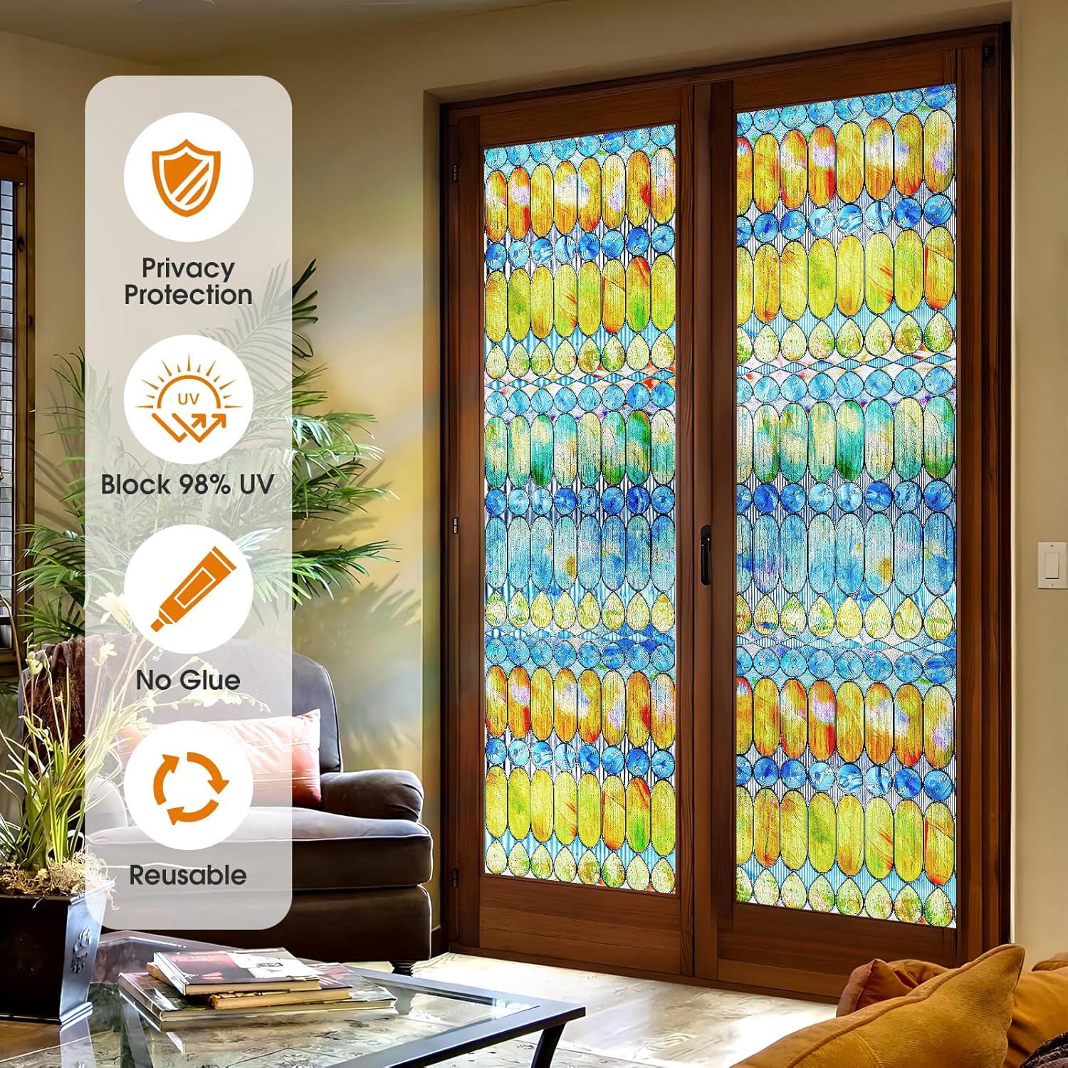 Película 3D de vidrieras para ventana Película de privacidad para ventana de arco iris, decoraciones coloridas para ventanas para el hogar, película