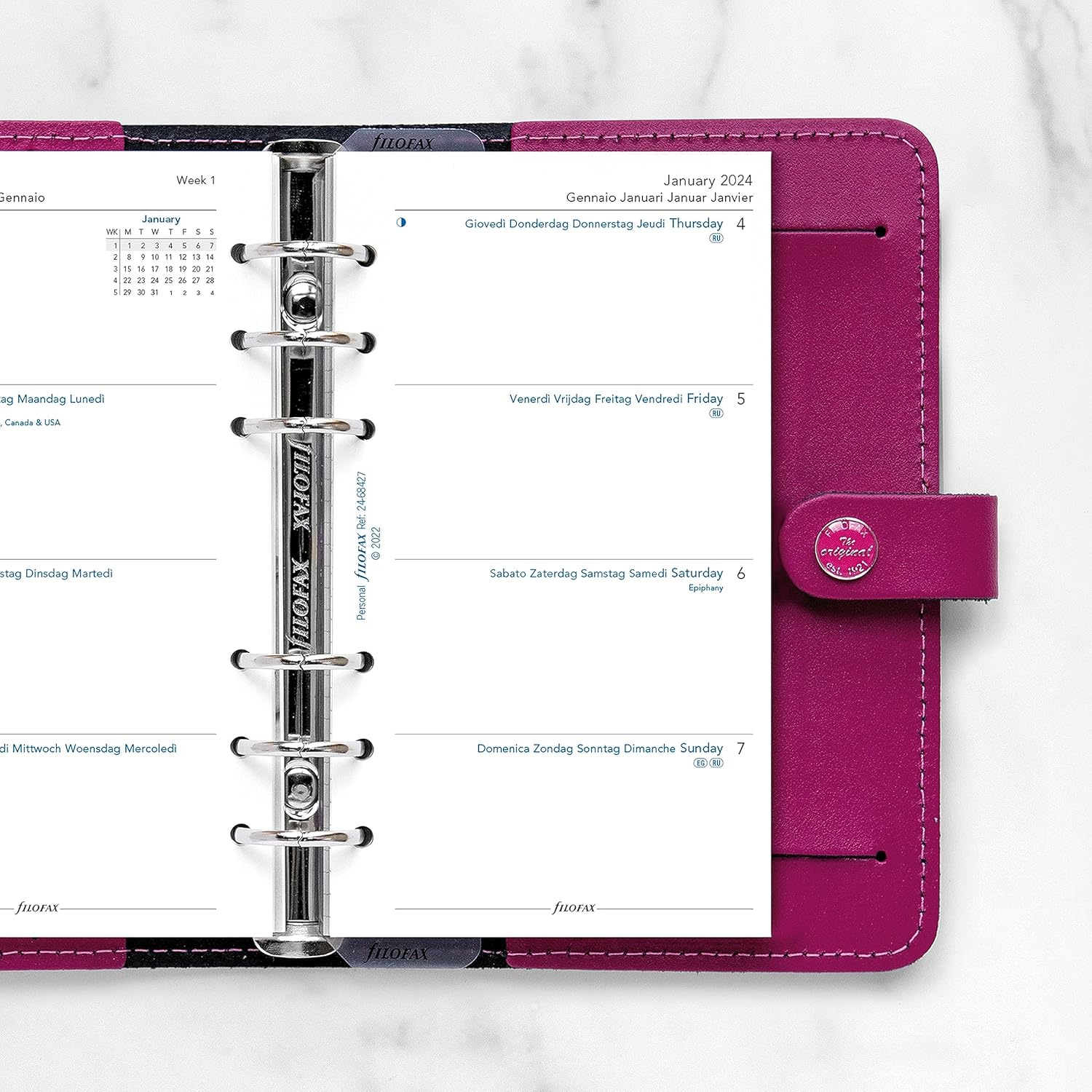 Filofax Recambio de diario de calendario, tamaño personalcompacto, semana a vista, libro blanco, sin rayas, multilingüe cinco idiomas, 2024