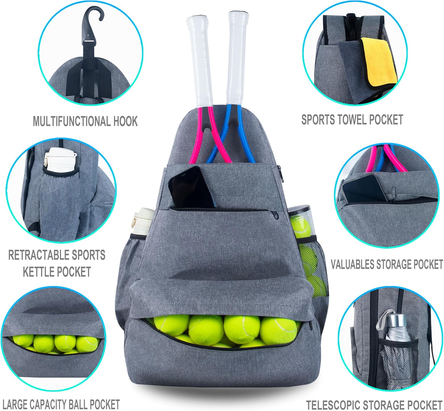 Raqueta de tenis con bolsa de tenis, raqueta de tenis para adultos, raqueta de tenis de 27 pulgadas con mochila multifuncional de gran capacidad