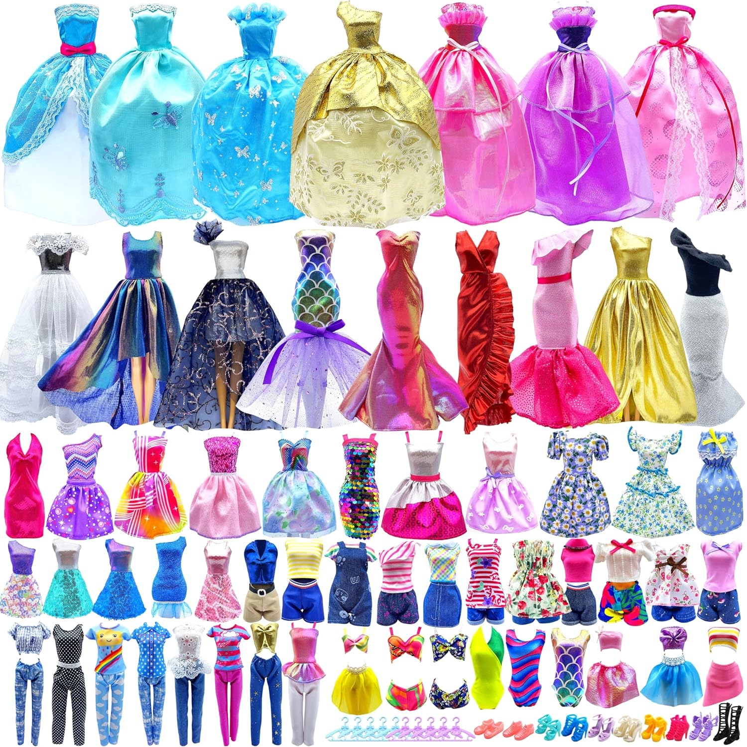 Style Shine Paquete de 50 ropa y accesorios para muñecas, 4 vestidos de boda, 2 vestidos de noche, 6 vestidos de moda, 6 conjuntos de trajes