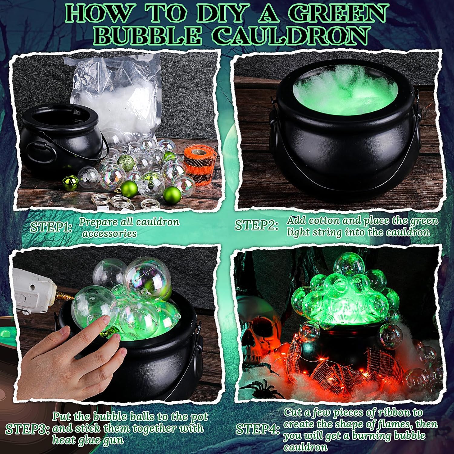 43 piezas de calderos de Halloween, caldero de plástico negro de 7.9 pulgadas con asa, adornos de bolas, algodón artificial, tira de luces y