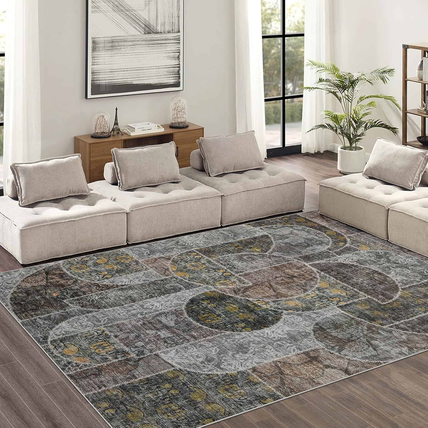 Alfombra lavable de 5 x 7 pies para dormitorio, alfombra suave de pelo bajo para sala de estar con parte trasera antideslizante, alfombra de suelo