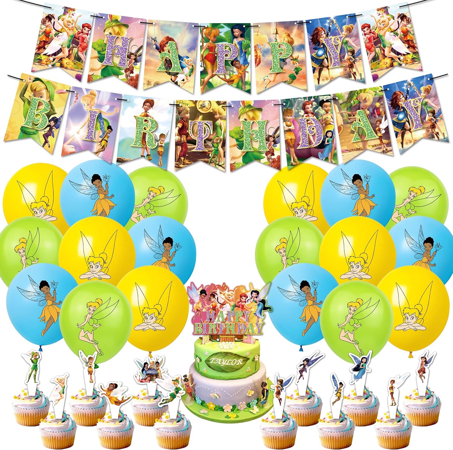 Tinker Bell – Decoraciones de fiesta de cumpleaños, suministros de fiesta de películas de hadas, incluye pancarta, decoraciones para pasteles,