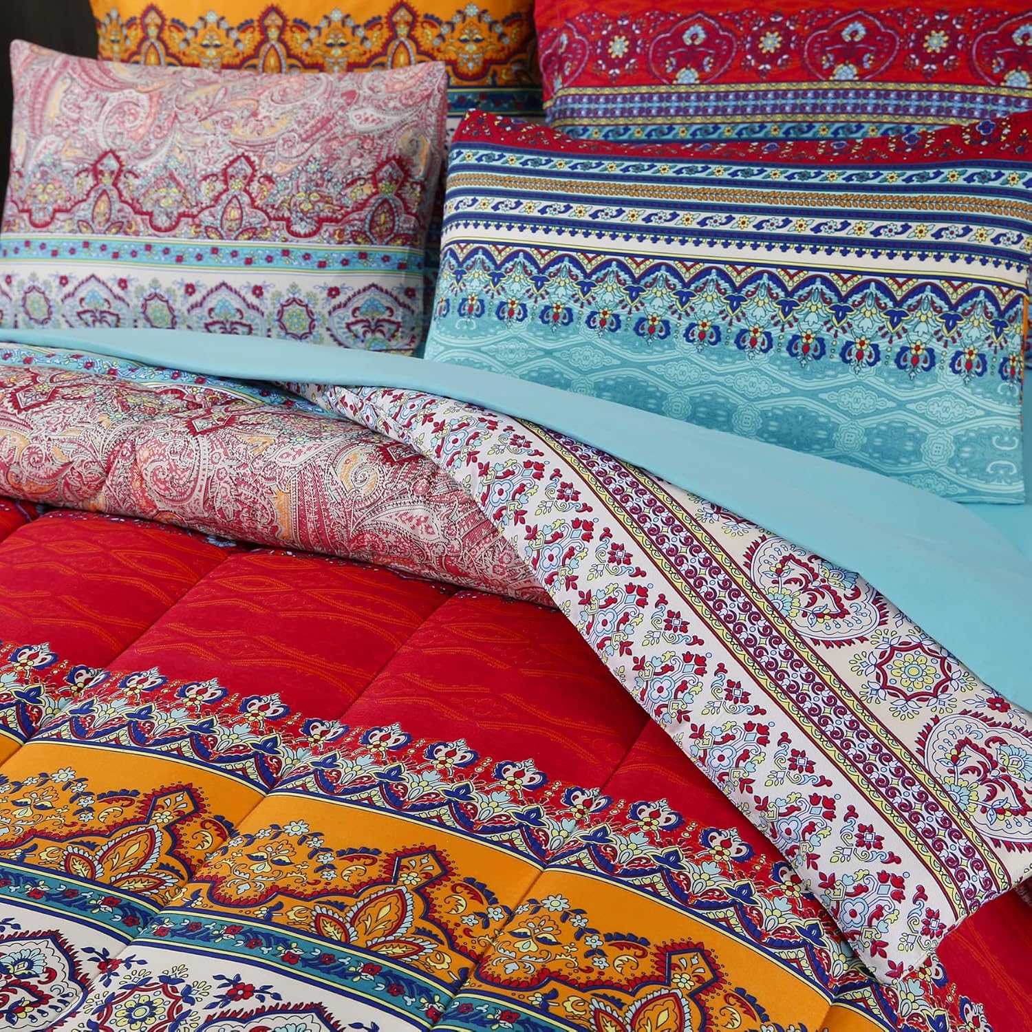 Juego de edredón reversible de 7 piezas con estampado colorido de estilo bohemio rojo y azul, tamaño matrimonial (1 edredón, 1 sábana encimera, 1