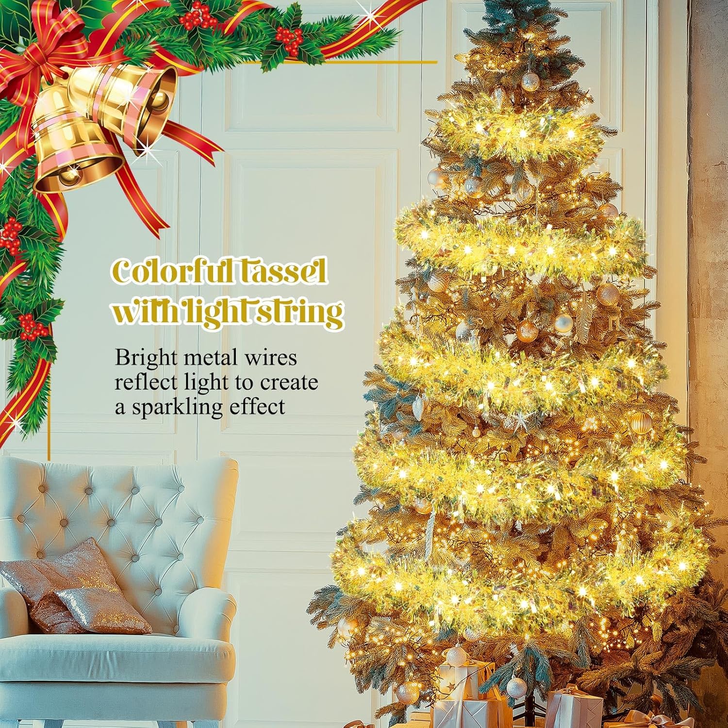 Guirnalda de oropel de Navidad de 32.8 pies con luces LED, guirnalda colgante para árbol de Navidad, decoración para fiestas de Navidad, cumpleaños,
