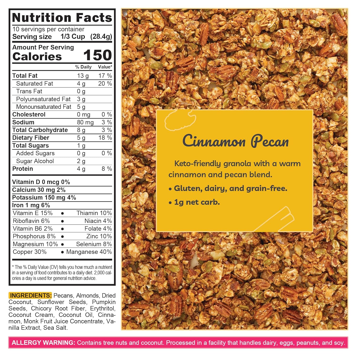 TGB Granola Keto de canela  0.04 oz de cereal de carbohidratos netos  Bocadillo de nueces bajas en carbohidratos, sin gluten, 10 onzas (paquete de 6)