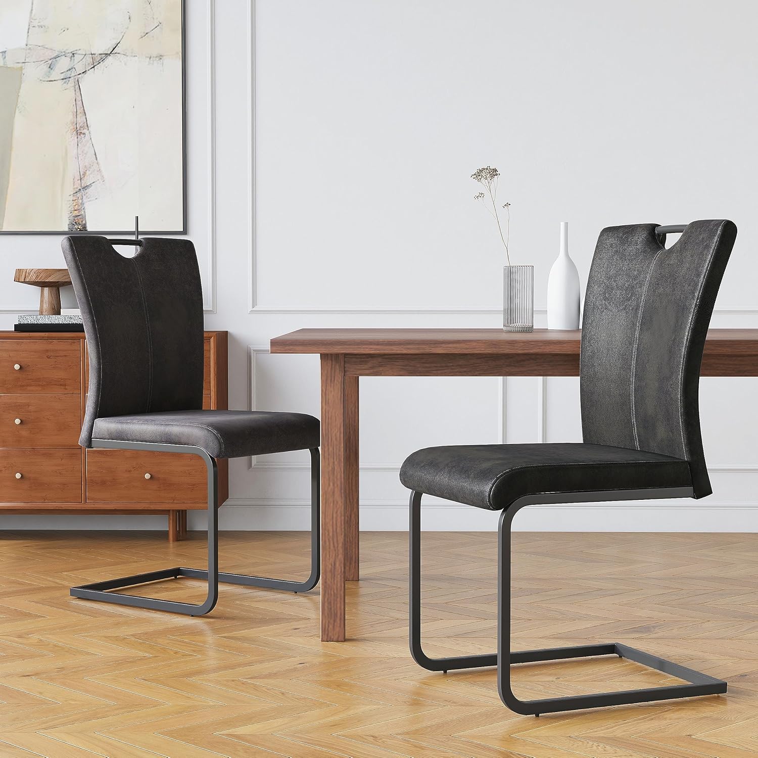 GrandNoor Juego de 2 sillas de comedor de tela vintage con asa, moderna silla tapizada de respaldo alto para cocina y comedor, sillas voladizas sin