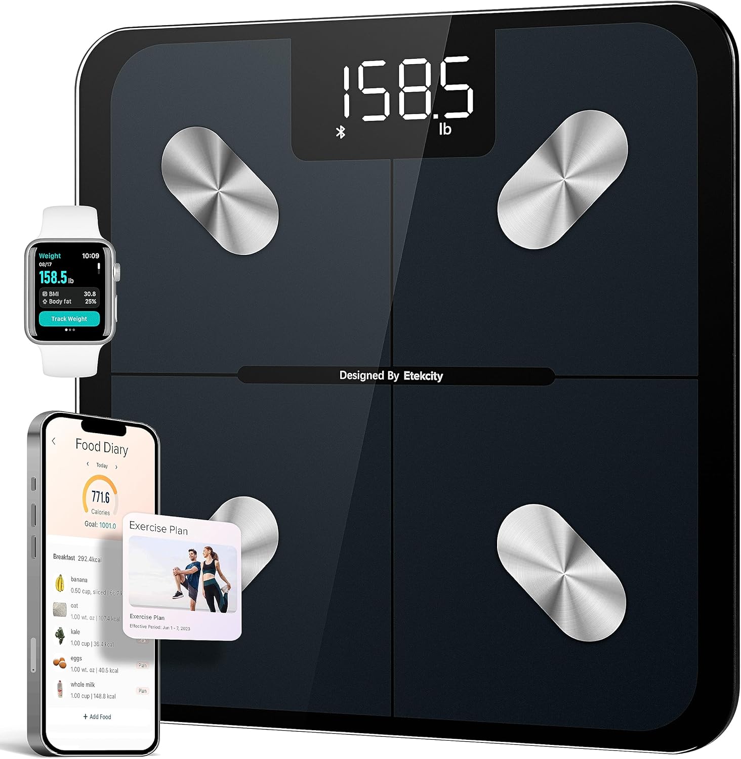 Etekcity Báscula de cocina para alimentos, gramos y onzas digitales, tamaño mediano, color negro y báscula para peso corporal y porcentaje de grasa,