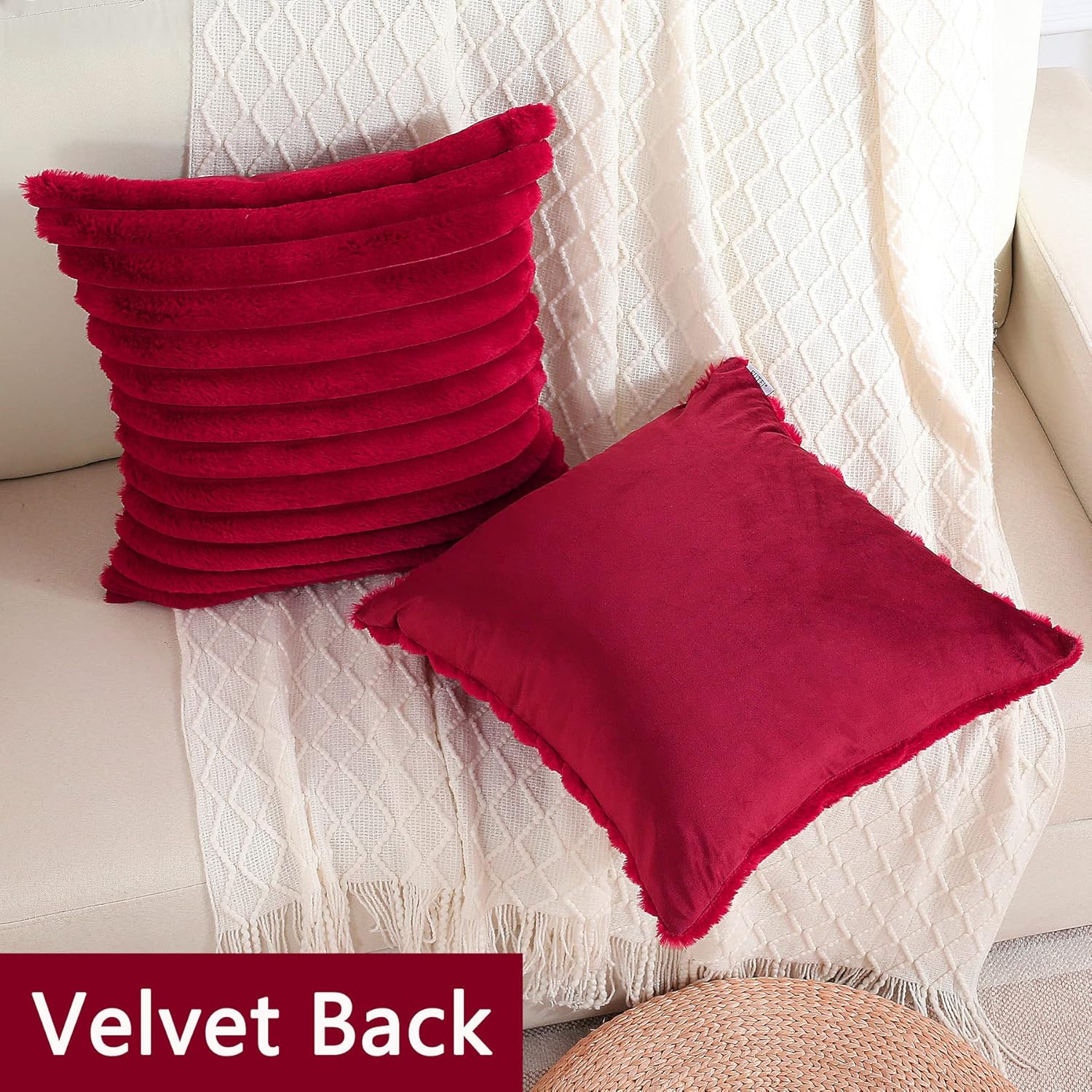 Juego de 2 fundas de almohada decorativas con rayas de color burdeos o rojo vino, 20 x 20 pulgadas, cuadradas y primaverales, piel sintética de
