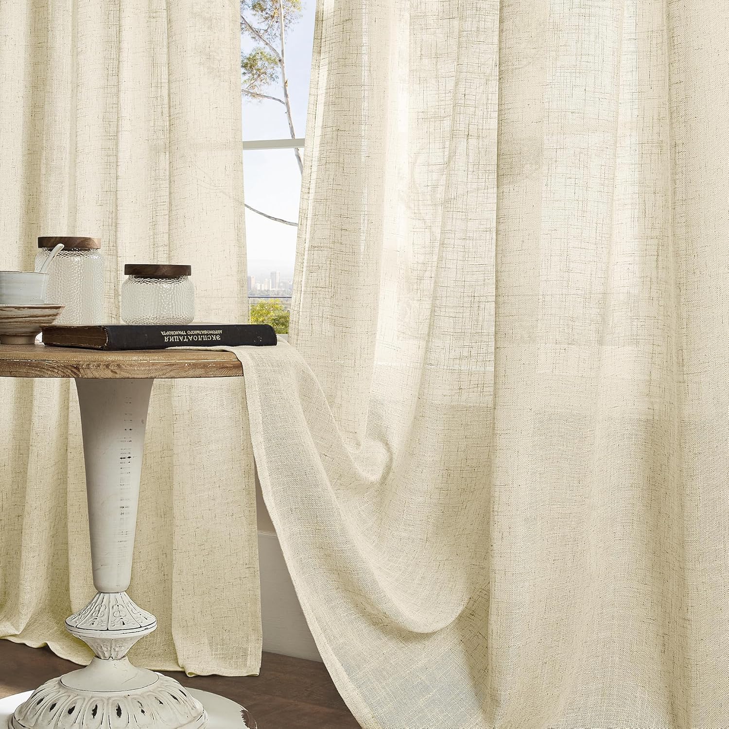 LAMIT Cortinas de lino sintético de 63 pulgadas de largo para dormitorio, con pestaña trasera y bolsillo para barra, cortinas de lino transparentes