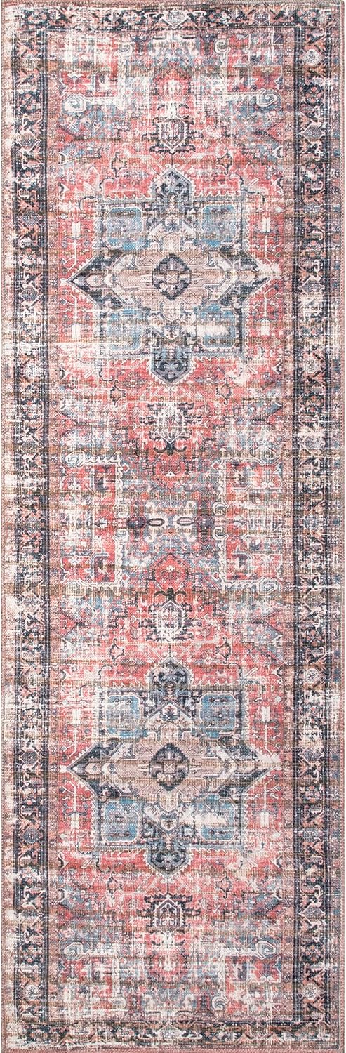 nuLOOM Jessie – Alfombra de medallón tradicional y envejecida lavable a máquina, 2 pies 8 pulgadas x 8 pies, color óxido