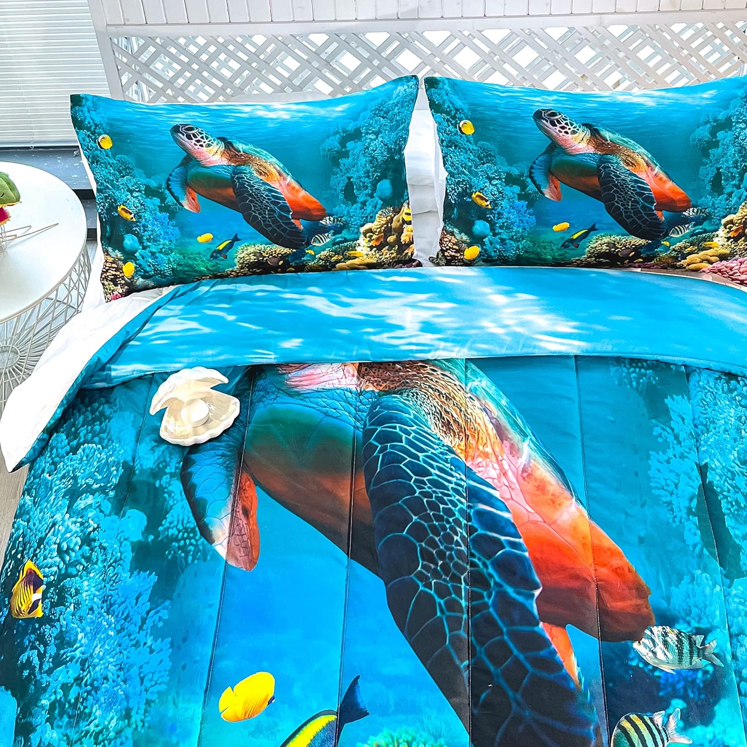 CVHOUSE Juego de ropa de cama de tortuga marina, edredón de tortuga marina, juego de edredón de playa oceánica para niños y niñas, juego de edredón