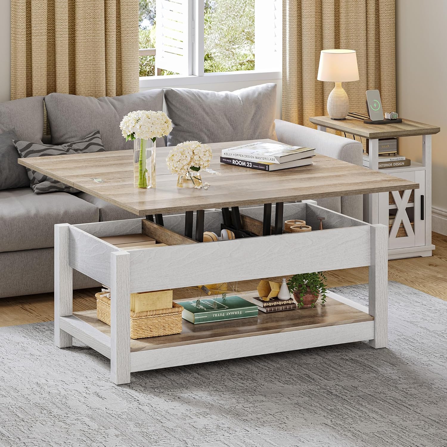 YITAHOME Mesa auxiliar elevable, 3 en 1, multifunción, con almacenamiento para sala de estar, mesa de comedor moderna de granja para sala de