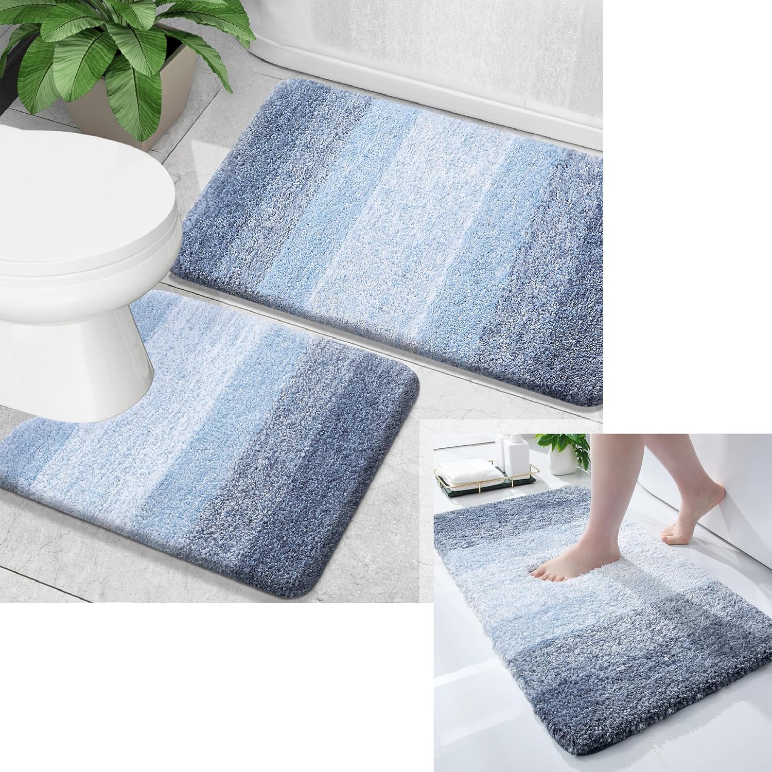 OLANLY Juego de 2 alfombras de baño y alfombras de baño ombré, tamaño de alfombra de baño 24 x 16 pulgadas y juego de alfombra de baño 24 x 16 + 24