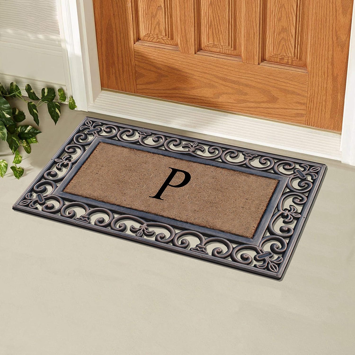 A1HC – Felpudo con monograma de goma natural y fibra de coco de 18 x 30 pulgadas, para puerta delantera, tratamiento antidesprendimientos, duradero,