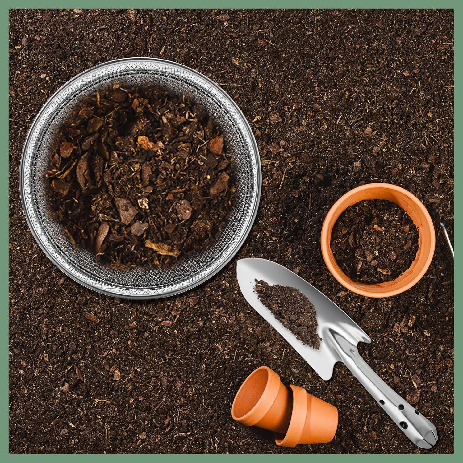 Hushee Tamiz de suelo con pala, bandeja de tamiz de 10 pulgadas, tamiz de compost inoxidable, tamiz de jardín, tamiz de arena para suciedad, rocas,