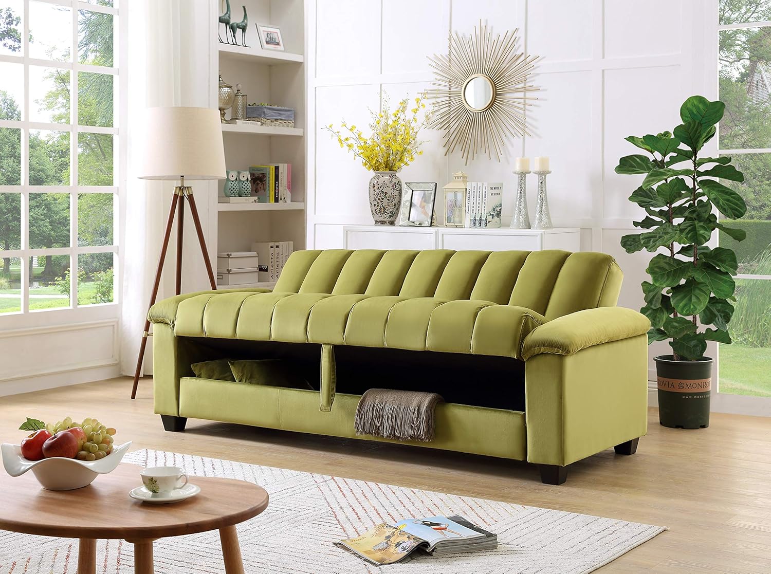 Sofá cama convertible de terciopelo de 82.7 pulgadas con almacenamiento para sala de estar y dormitorio, color verde