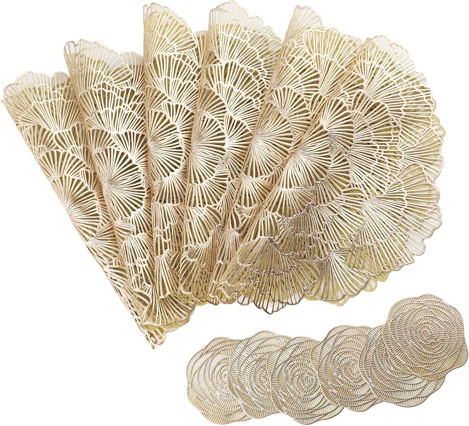 Juego de 12 manteles individuales y posavasos, manteles individuales redondos de vinilo prensado metálicos para mesa de comedor (flor, dorado)