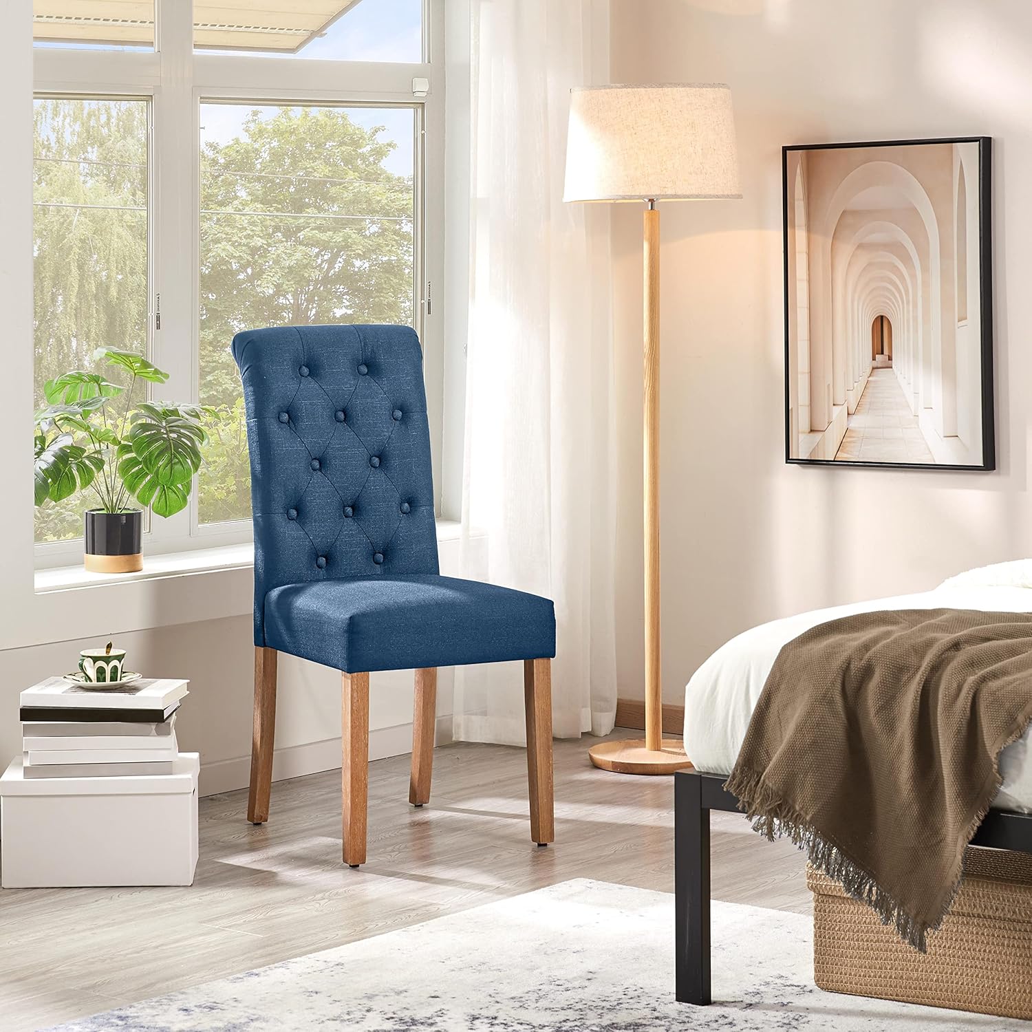 Topeakmart Silla de comedor tapizada de tela clásica, con respaldo alto, sillas de comedor acolchadas con patas de madera para el hogar y los