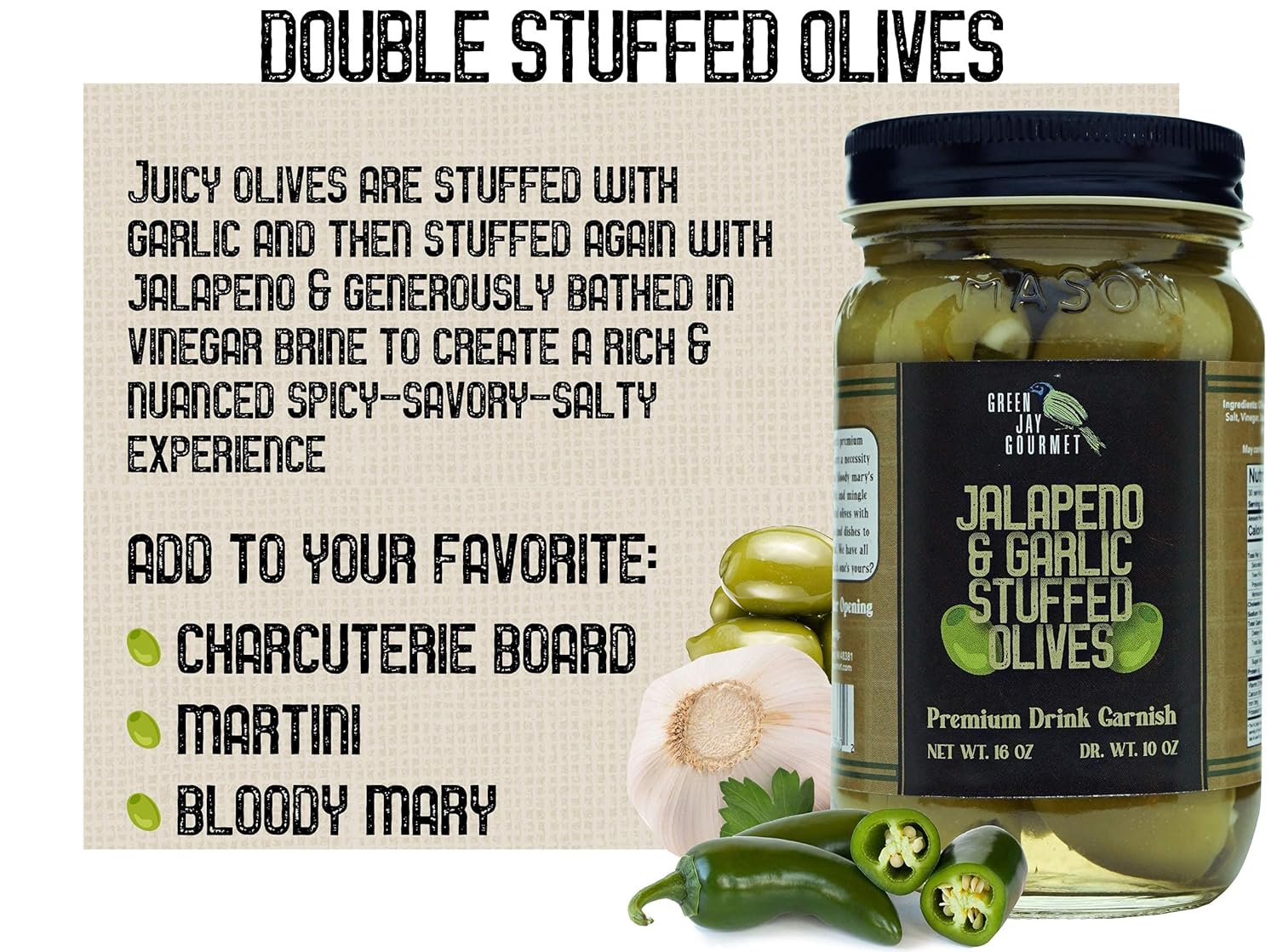Green Jay Gourmet Aceitunas de doble relleno  Aceitunas verdes rellenas de jalapeño y ajo para guarnición de cóctel y tabla de queso  Aceitunas de