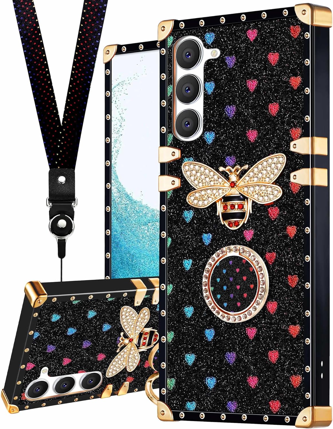 Loheckle Elegante funda para Samsung Galaxy A14 5G para mujer, funda cuadrada de diseñador para Samsung A14 5G con soporte de anillo y cordón,