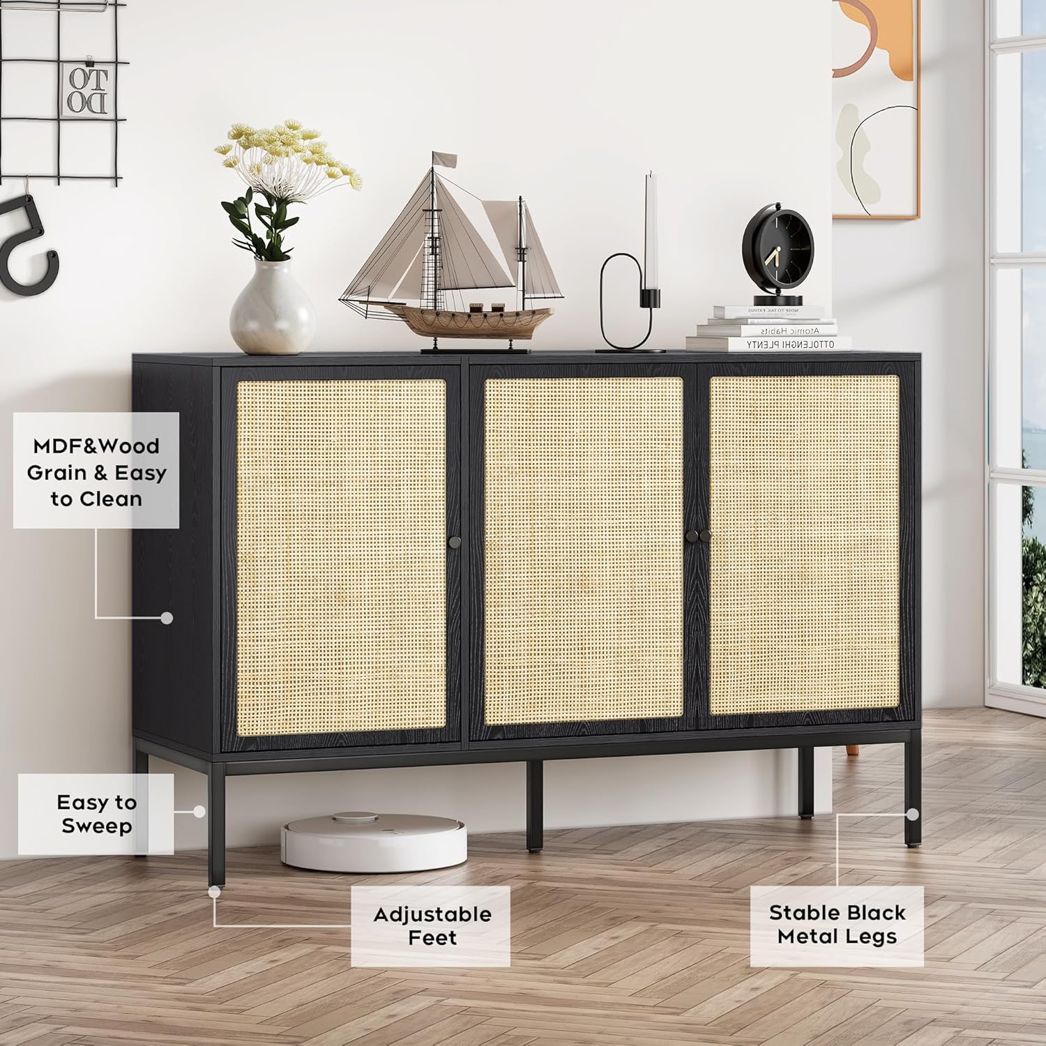 Brafab Mueble de ratán para almacenamiento, mesa de buffet, consola para sala de estar, entrada, cocina, comedor, 3 puertas, color negro